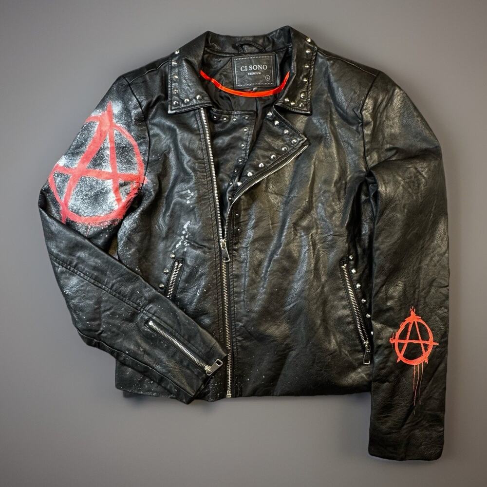 Custom Punk Studded Moto Jacket Anarchy Graffiti Faux Leather Women’s L -672